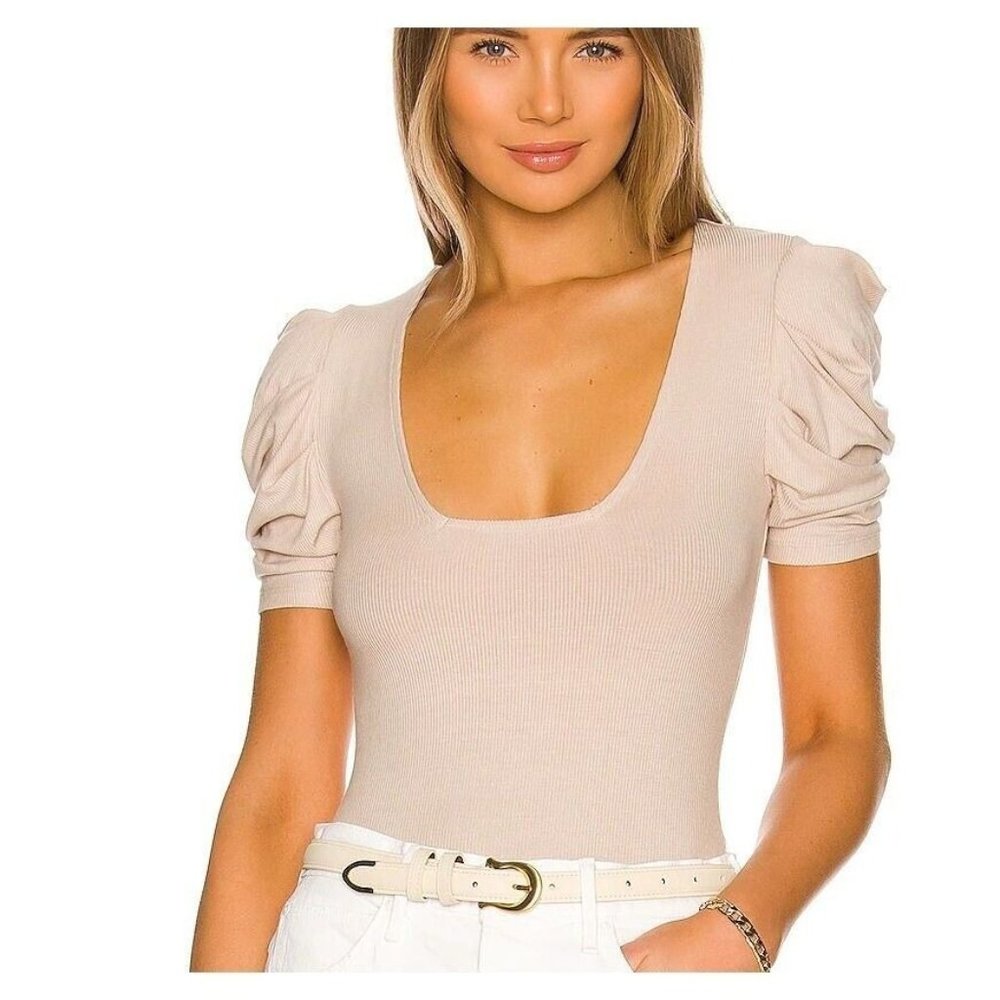 Free People So Fresh Bodysuit Women’s Large Beige Ribbed Puff Sleeve Fitted Top